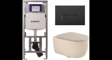 QeramiQ Dely Swirl Toiletset - 36.3x51.7cm - Geberit UP320 inbouwreservoir - met Burda frame - slim zitting - mat zwarte bedieningsplaat - rechthoekige knoppen - beige