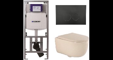QeramiQ Dely Swirl Toiletset - 36.3x51.7cm - Geberit UP320 inbouwreservoir - met Burda frame - 35mm zitting - mat zwarte bedieningsplaat - ronde knoppen - beige