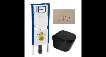 QeramiQ Dely Toiletset - 36.3x51.7cm - diepspoel - rimless - Geberit UP720 inbouwreservoir - softclose toilet zitting 35 mm - bedieningsplaat taupe - ronde knoppen - mat zwart