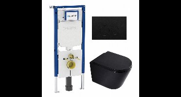 QeramiQ Dely Toiletset - 36.3x51.7cm - diepspoel - rimless - Geberit UP720 inbouwreservoir - softclose toilet zitting 35 mm - kunststof mat zwarte bedieningsplaat - ronde knoppen - mat zwart