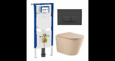 QeramiQ Dely Toiletset - 36.3x51.7cm - diepspoel - rimless - Geberit UP720 inbouwreservoir - softclose toilet zitting 35 mm - bedieningsplaat antraciet mat - rechthoekige knoppen - mat beige