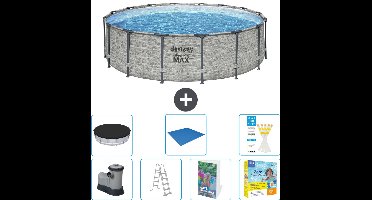 Bestway Rond Steel Pro MAX Zwembad - Steenprint - 488 x 122 cm - Inclusief Pomp - Ladder - Afdekzeil - Grondzeil - Onderhoudspakket - 8-delig