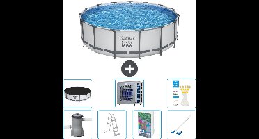 Bestway Rond Steel Pro MAX Zwembad - 457 x 122 cm - Grijs - Inclusief Pomp - Ladder - Afdekzeil - Warmtepomp - Stofzuiger - 8-delig