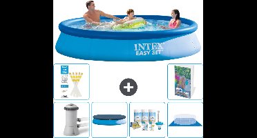 Intex Rond Opblaasbaar Easy Set Zwembad - 366 x 76 cm - Blauw - Inclusief Pomp Afdekzeil - Onderhoudspakket - Grondzeil - 7-delig