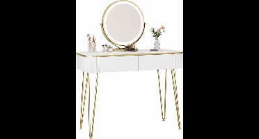 Sierra, 0057SZT Make-uptafel met ledverlichting, instelbare helderheid, kaptafel met spiegel, 3 kleuren, kaptafel met 2 houten laden, met metalen poten, 100 x 40 cm, modern, wit/goud