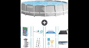 Intex Rond Prism Frame Zwembad - 427 x 107 cm - Grijs - Inclusief Pomp - Ladder - Grondzeil - Afdekzeil - Schoonmaakset - Solar Mat - 9-delig