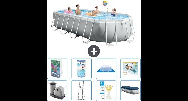 Intex Ovaal Prism Frame Zwembad - 610 x 305 x 122 cm - Grijs - Inclusief Pomp - Ladder - Grondzeil - Afdekzeil - Filter - Loungebed - 9-delig