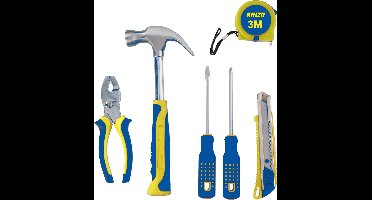 Gereedschapset - 6-delig - hamer, rolmaat, mesje, schroevendraaiers en tang