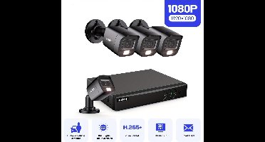 Beveiligingscamera Set – Camerabewaking – Beveiligingscamera Buiten – Bewakingscamera – CCTV Systeem – 4x 1080P Full HD Camera’s – AI Mens- en Voertuigdetectie met Nachtzicht 20m
