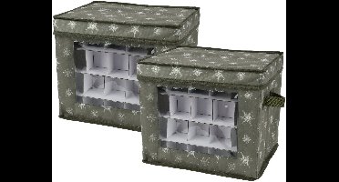 Decoris kerstballen opbergbox - 2x - groen - 41 x 31 x 32 cm - polyester - opbergdoos - opbergbox kerstballen - kerstdecoratie opbergen