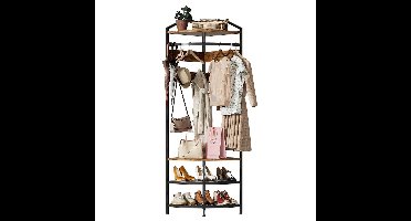 Kapstok – Jasrek – Schoenenrek – Garderoberek – Halmeubel – Hoekontwerp – 3 Schoenplanken – Antislip Houten Metalen Design – Bruin 50x50x181,4 cm