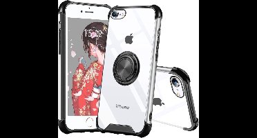 Hoesje Geschikt voor iPhone 8 Plus hoesje silicone met ringhouder Back Cover case - Transparant/Zwart