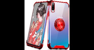 Hoesje Geschikt Voor Samsung Galaxy A50 hoesje silicone met ringhouder Back Cover Case - Transparant/Rood