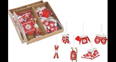 12x stuks houten kersthangers rood/wit wintersport thema kerstboomversiering - Kerstversiering kerstornamenten