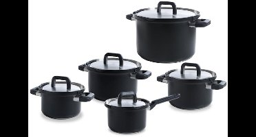 BK Flow Cool Black Pannenset 5-delig - 16/18/20/24cm -Zonder PFAS-vrije antikleeflaag - Pannenset inductie - RVS kookpan - Ovenbestendig tot 160°C - Met deksel - Zilver