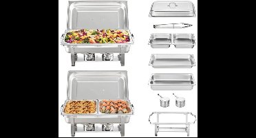 Chafing Dish - Warmhoudplaat - Buffetwarmer Set - Rechaud - Rechthoekige RVS Warmhoudschalen - 2 Stuks - 8QT - met Opvouwbaar Onderstel en Brandstofhouders - Zilver
