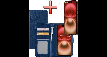 Hoesje - Met Screenprotector - Geschikt voor Apple iPhone 16 - Luxe Pasjeshouder - Bookcase Portemonee - Flip Case - Kunstleer Book Case - Flipcase - Book Cover - Walletcase - Portemonneehoes - Donkerblauw
