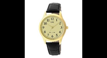 Q&Q C02A-009PY - Horloge - Heren - Mannen - Leren band - Rond - Staal - Zwart - Goudkleurig