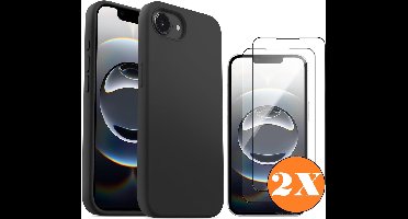 Hoesje geschikt voor iPhone 16e / iPhone 17e Hoesje siliconen Zwart zacht siliconen hoesje TPU - met Screenprotector iPhone 16e / iPhone 17e Gehard Glas - 2 stuks