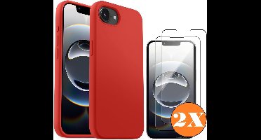 Hoesje geschikt voor iPhone 16e / iPhone 17e Hoesje siliconen Rood zacht siliconen hoesje TPU - met Screenprotector iPhone 16e / iPhone 17e Gehard Glas - 2 stuks