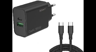 Ntech - USB C Adapter 35W & USB-A 30W - USB C Oplader Zwart - Inclusief USB-C Kabel 1 Meter - USB C Snellader - USB C Lader - Universeel o.a. Telefoons & Laptops