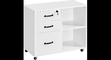 Sierra Archiefkast, Rolcontainer, archiefkast, kantoorkast met 5 wielen, 3 laden en 2 open vakken, industrieel design, voor documenten, wit