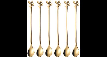 6 lange ovale lepels – Latte macchiato – Dessertlepels set – 18.6cm – IJslepels - Theelepels - Bladvormig handvat - gouden