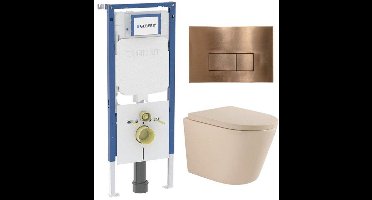 QeramiQ Dely Toiletset - 36.3x51.7cm - diepspoel - rimless - Geberit UP720 inbouwreservoir - softclose toilet zitting 35 mm - koperen bedieningsplaat - rechthoekige knoppen - mat beige