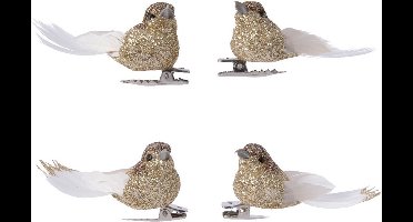 4x Decoratie glitter vogeltjes goud op clip 5 cm - Kerstboom decoratie vogeltjes - Kerstboomversiering