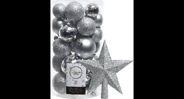 Decoris kerstballen 30x stuks - zilver 4/5/6 cm kunststof mat/glans/glitter mix en kunststof piek 19 cm