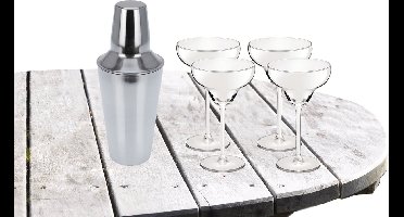 Cocktailshaker zilver 500 ML met 4x Cocktailglazen Margarita transparant 300 ML