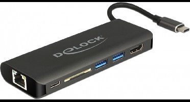 Premium USB-C naar HDMI, 2x USB-A, USB-C PD, RJ45 en SD/MMC adapter met DP Alt Mode (4K 30 Hz) / zwart - 0,15 meter