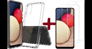 Hoesje Geschikt Voor Samsung Galaxy A02s Hoesje ultra dunne TPU Back Cover Met 2pack glazen Screenprotector - Transparant