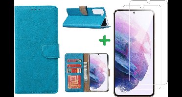 Hoesje Geschikt Voor Samsung Galaxy S21 hoesje bookcase Blauw - Hoesje Geschikt Voor Samsung Galaxy s21 hoesje bookcase wallet case portemonnee book case hoes cover hoesjes met 2 stuks Screenprotector