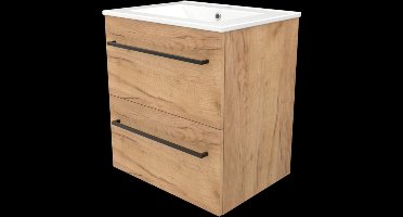 Basic Start 46 badmeubelset met wastafelonderkast met grepen, 2 lades en porseleinen wastafel met 1 kraangat 60 x 46 cm, whisky oak