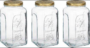 Pasabahce Voorraadpot/bewaarpot Square - 3x - glas - 3L - transparant/goud - D13 x H25 cm - voedsel bewaren