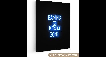 Canvas schilderij 60x80 cm - Wanddecoratie Gaming - Tekst - Gaming zone - Neon - Blauw - Muurdecoratie game room - Gaming kamer decoratie - Gameroom accessoires - Schilderijen