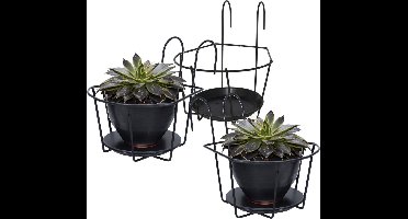 Gerimport Balkon bloempothouder - 3x - bloembak met ophanging - zwart metaal - 24 x 18 x 17 cm - rond - Balkonbakken