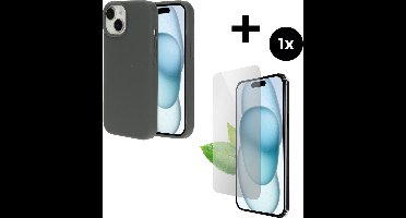 Mobiparts Silicone Cover hoesje geschikt voor Apple iPhone 15 met 1 Screenprotector van Gerecycled Gehard Glas - Grijs