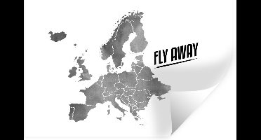 Muurstickers - Sticker Folie - Europakaart in grijze waterverf met de quote "Fly away" - zwart wit - 30x20 cm - Plakfolie - Muurstickers Kinderkamer - Zelfklevend Behang - Zelfklevend behangpapier - Stickerfolie