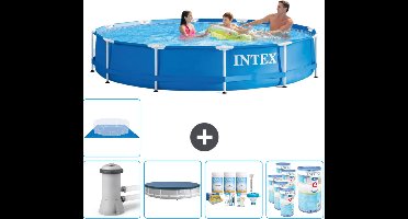 Intex Rond Frame Zwembad - 366 x 76 cm - Blauw - Inclusief Pomp Afdekzeil - Onderhoudspakket - Filters - Grondzeil