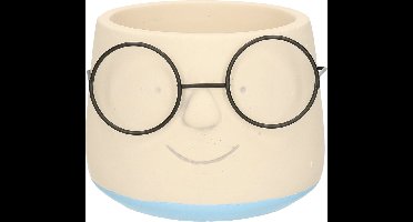 Dijk Natural Collections Bloempot/plantenpot gezicht met brilletje - wit/lichtblauw - voor kamerplant - D13 x H10 cm