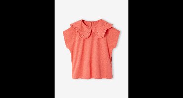 Meisjesshirt met geborduurde kraag koraal