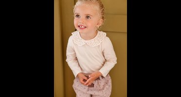 Baby T-shirt met geborduurde kraag en lange mouwen lichtbeige