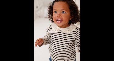 Baby T-shirt met geborduurde kraag en lange mouwen marineblauw, gestreept