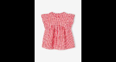 Gebloemde meisjesblouse met korte mouwen en ruches rood, geruit