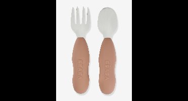 Set roestvrijstalen en siliconen oefenbestek 2e leeftijd BEABA beige, bedrukt