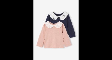 Set van 2 t-shirts baby met kraag van Engels borduurwerk roze (poederkleur)