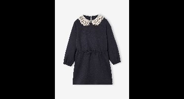 Meisjesjurk van sweaterstof met macramé kraag leigrijs