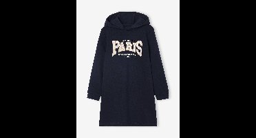 Meisjesjurk van sweatstof met capuchon en mooie details marineblauw